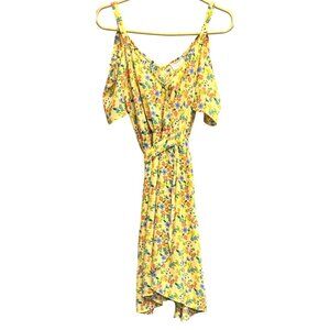 Sienna Sky Women’s Yellow Floral Cold Shoulder Wrap Dress With Tie XS